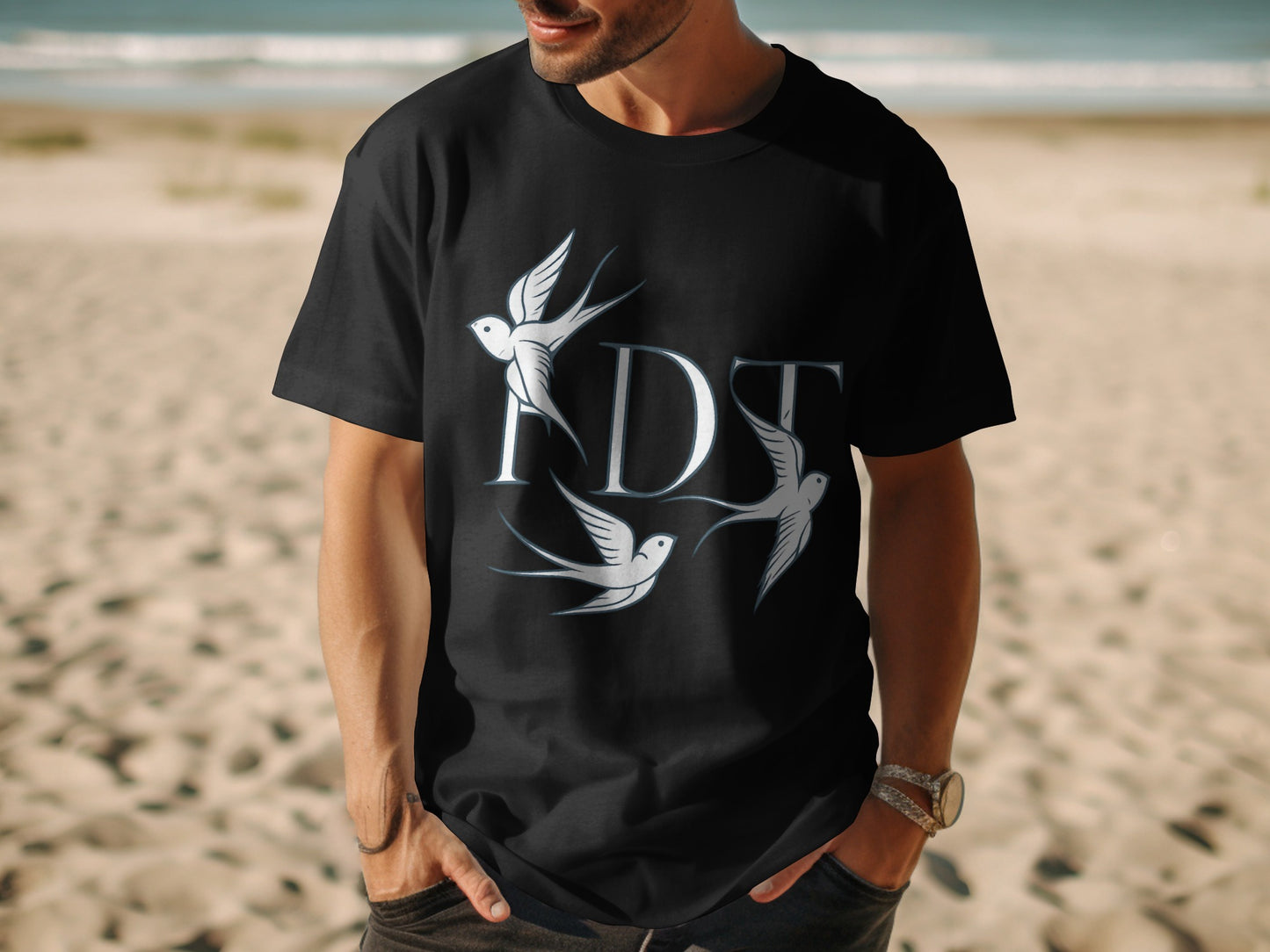 Stylish Black T-Shirt with White Bird Graphic Design product type