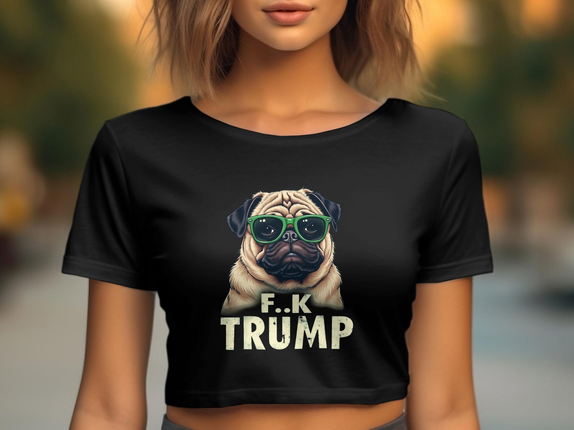 F K Trump Pug Dog Graphic Print Black Crop Top product