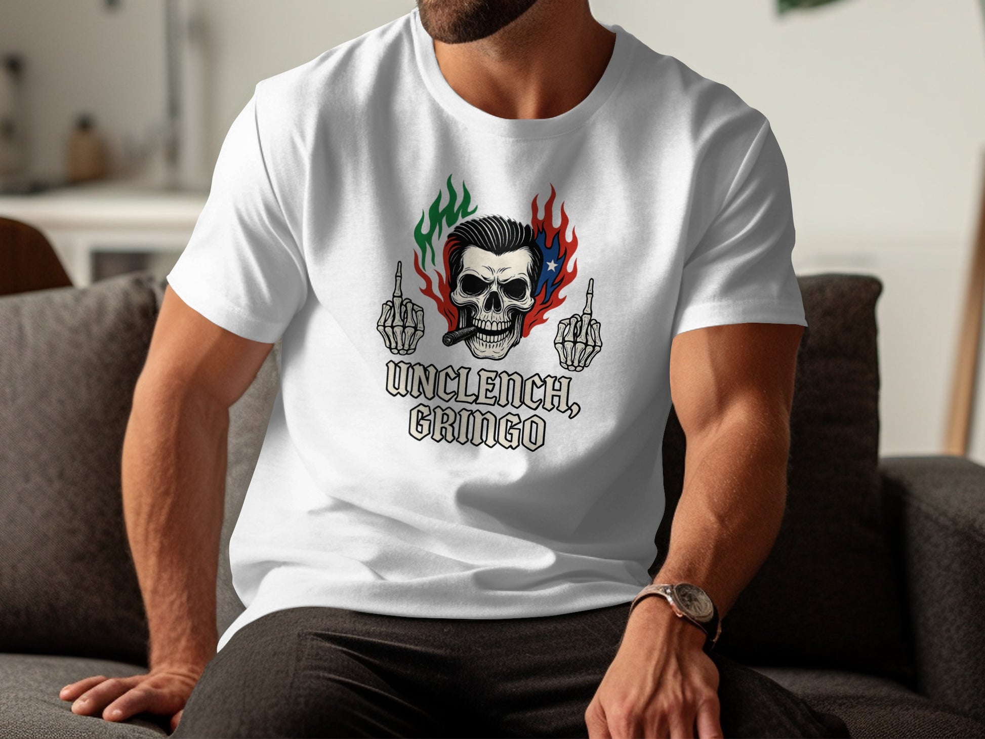 Unclench Gringo Skull Finger Flames Graphic T-shirt product type