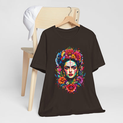 Dark Brown Floral Portrait Frida Style T-shirt product type