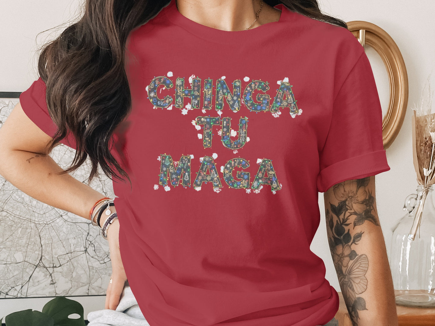 Chinga Tu Maga graphic tee with vibrant lettering
