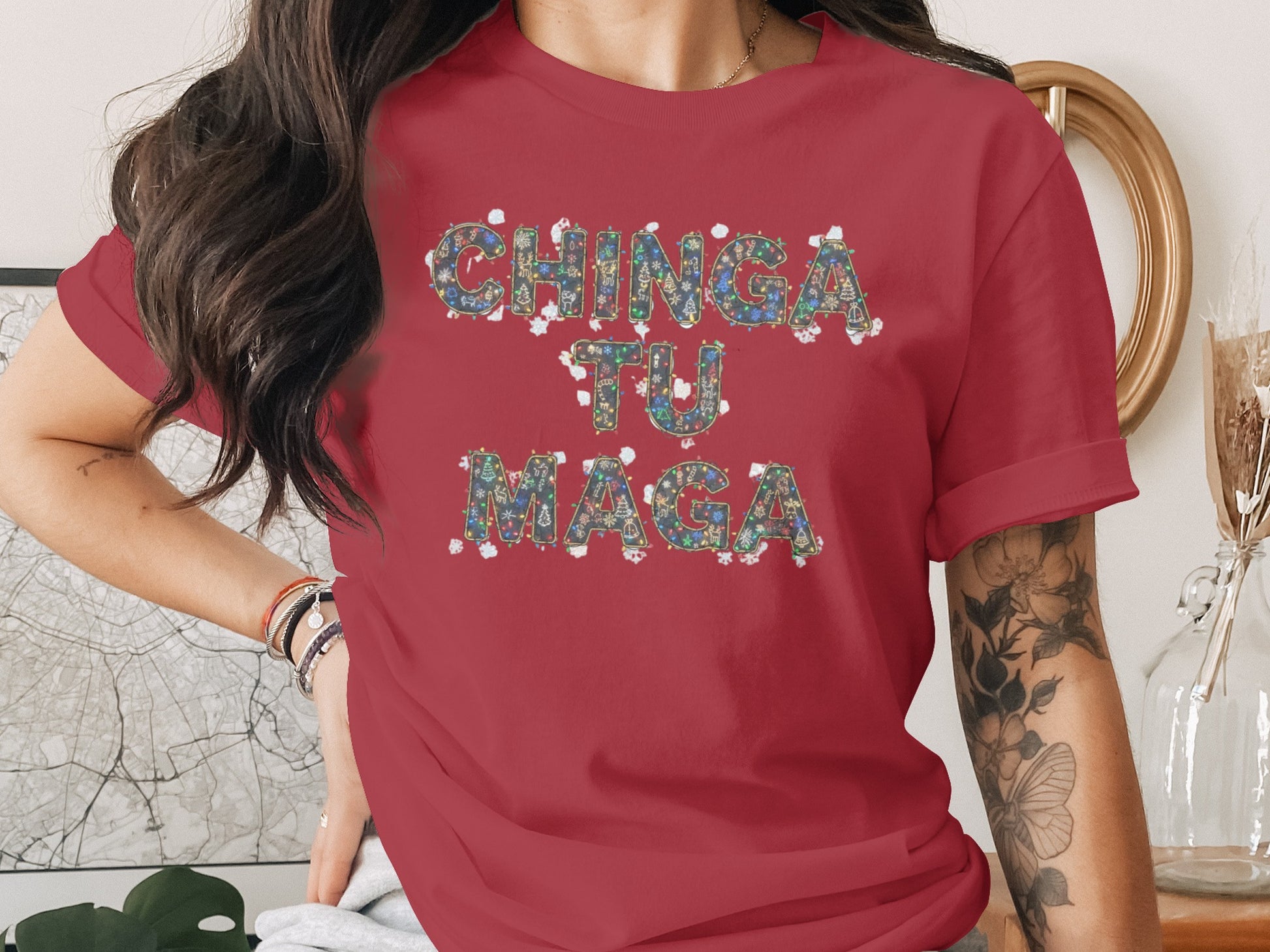 Chinga Tu Maga graphic tee with vibrant lettering