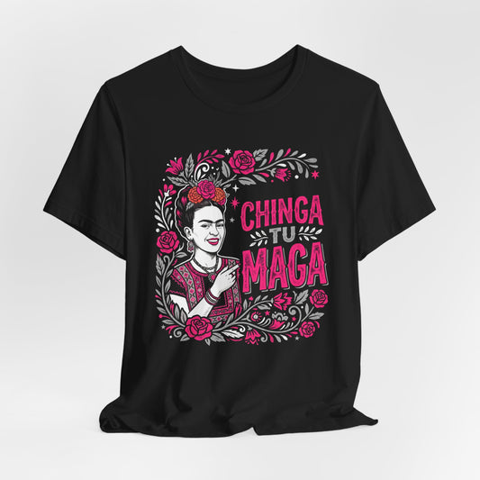 Frida Kahlo portrait with "Chinga tu maga" text and floral border.