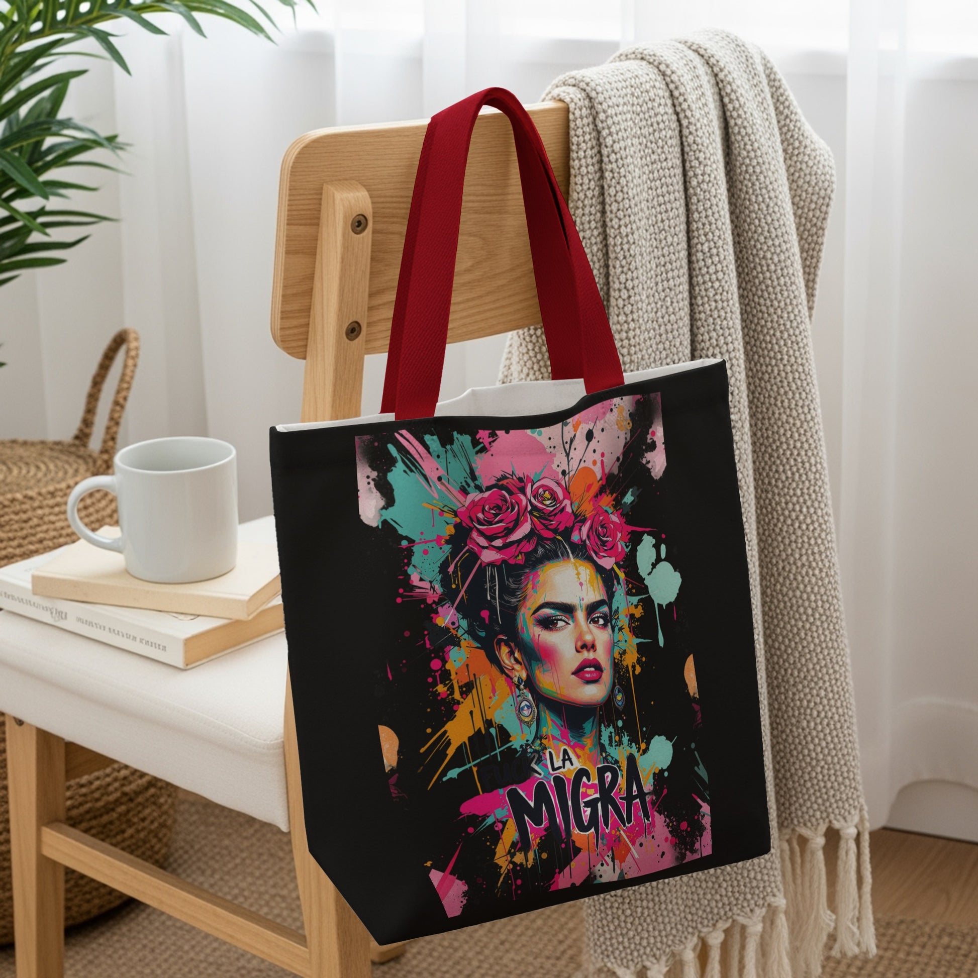 Black tote bag with colorful Frida Kahlo-inspired artwork and "LA MIGRA" text.