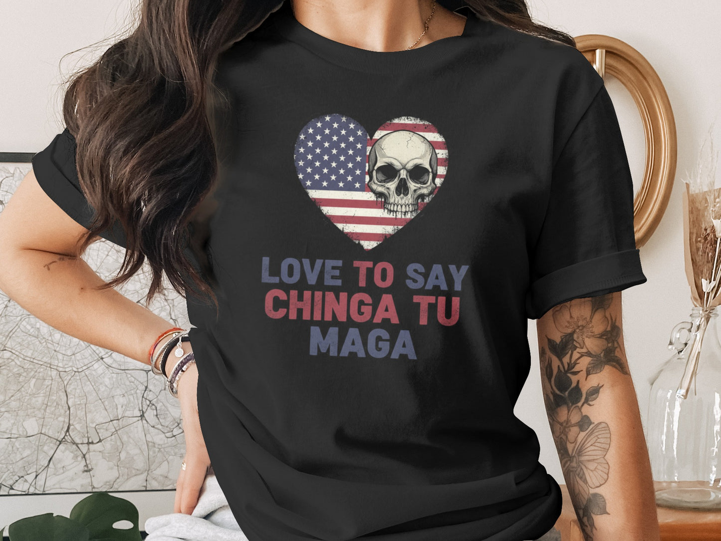 Love to Say Chinga Tu Maga Skull Heart Graphic Shirt