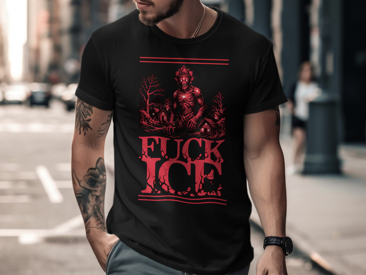 Black t-shirt with a dark, monstrous graphic and red text reading "FUCK ICE".