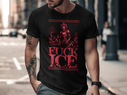 Black t-shirt with a dark, monstrous graphic and red text reading "FUCK ICE".