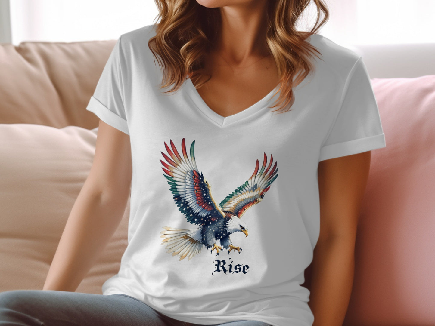 Rise Eagle Graphic White V-Neck T-shirt product