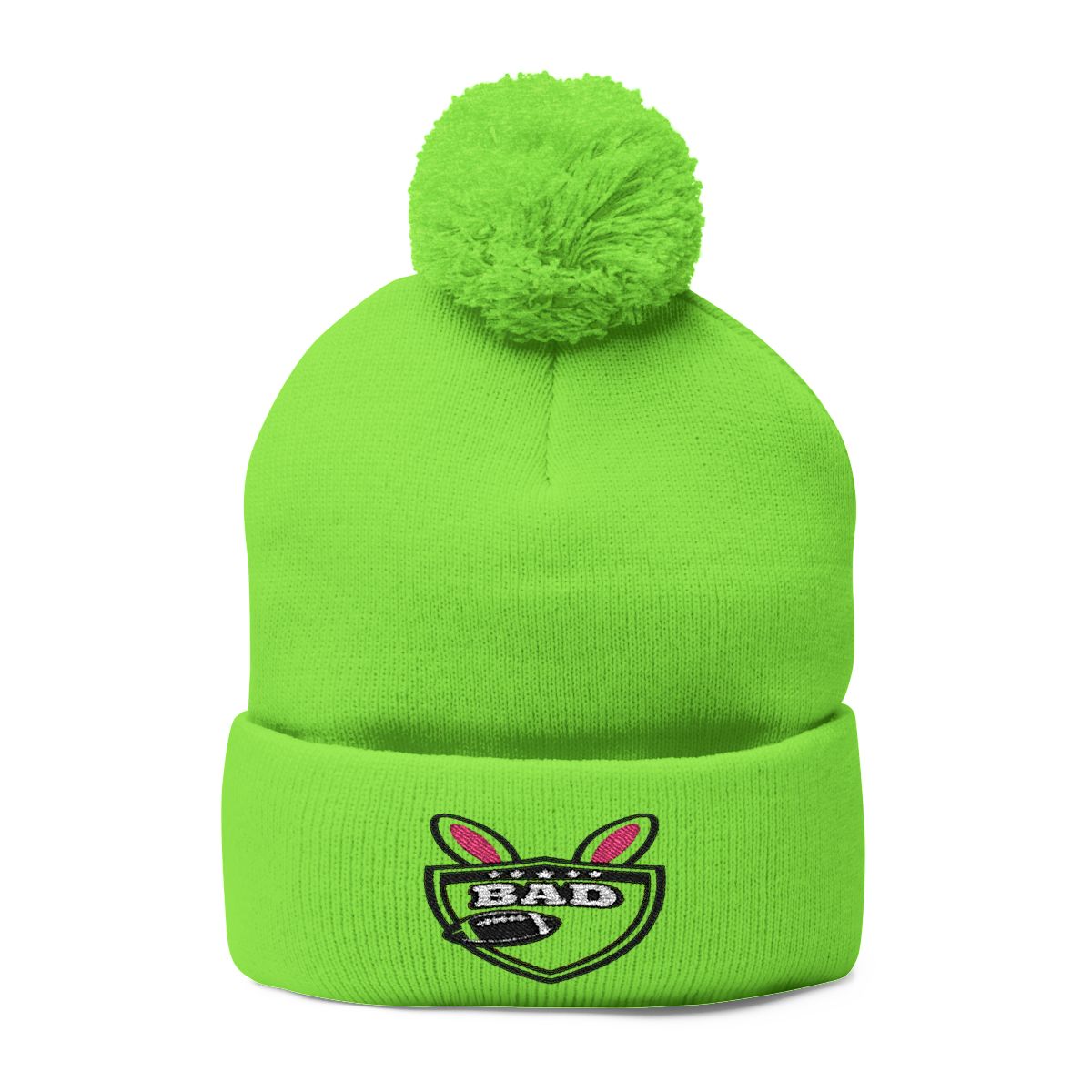Bright Green BAD Bunny Logo Pom Pom Beanie Hat