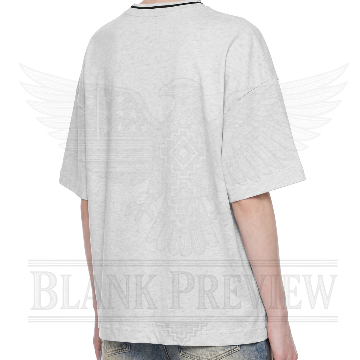the back of a person wearing a grey t-shirt with a graphic design on the back.