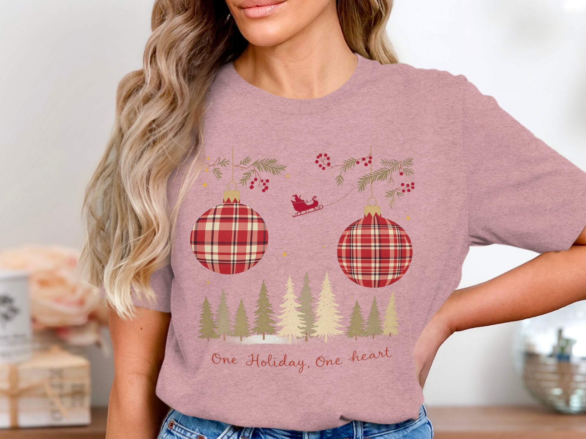 One Holiday One Heart Plaid Ornament Shirt