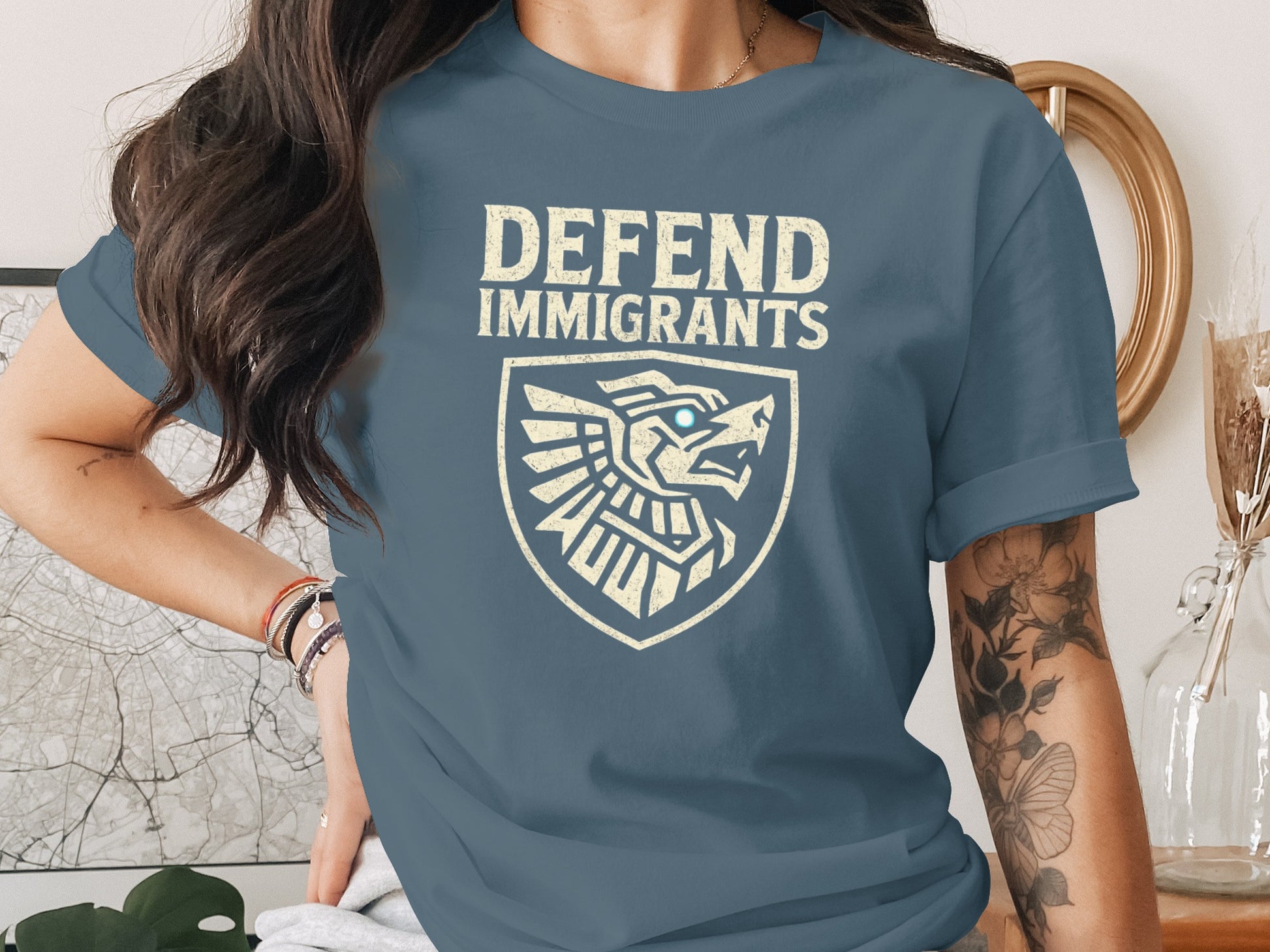 Defend Immigrants Graphic Tee with Bold Eagle Design