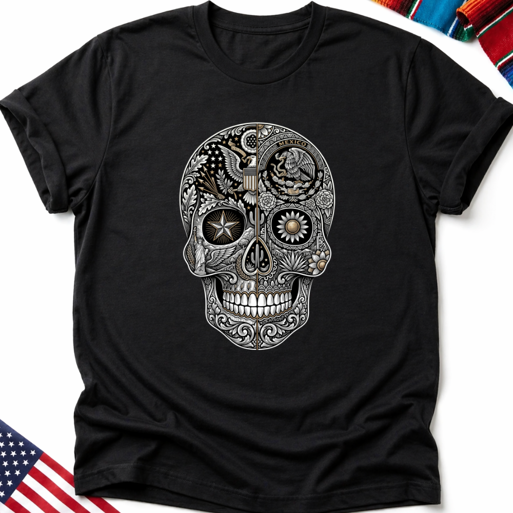 Ornate skull design with Mexican flag elements on a black t-shirt.