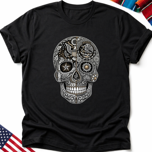 Ornate skull design with Mexican flag elements on a black t-shirt.
