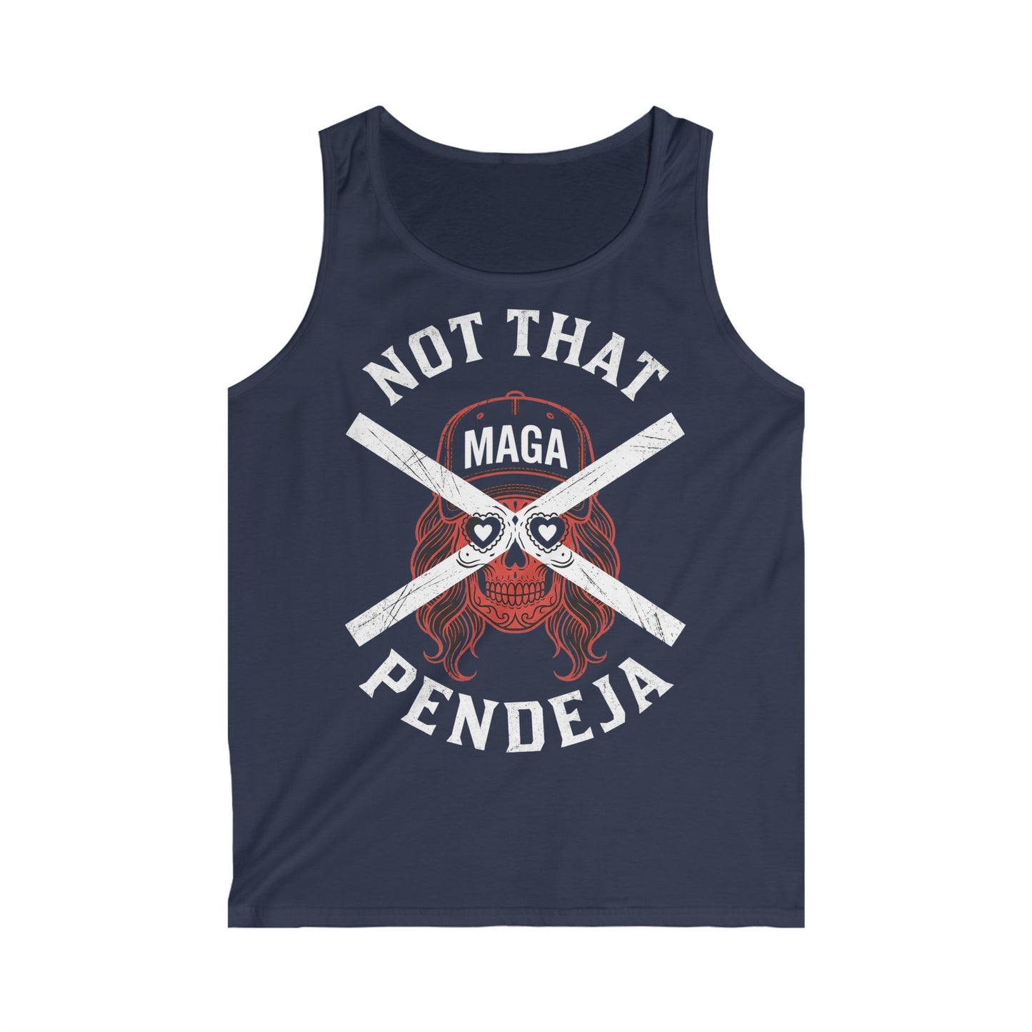 Navy tank top with skull graphic and "Not That MAGA Pendeja" text.