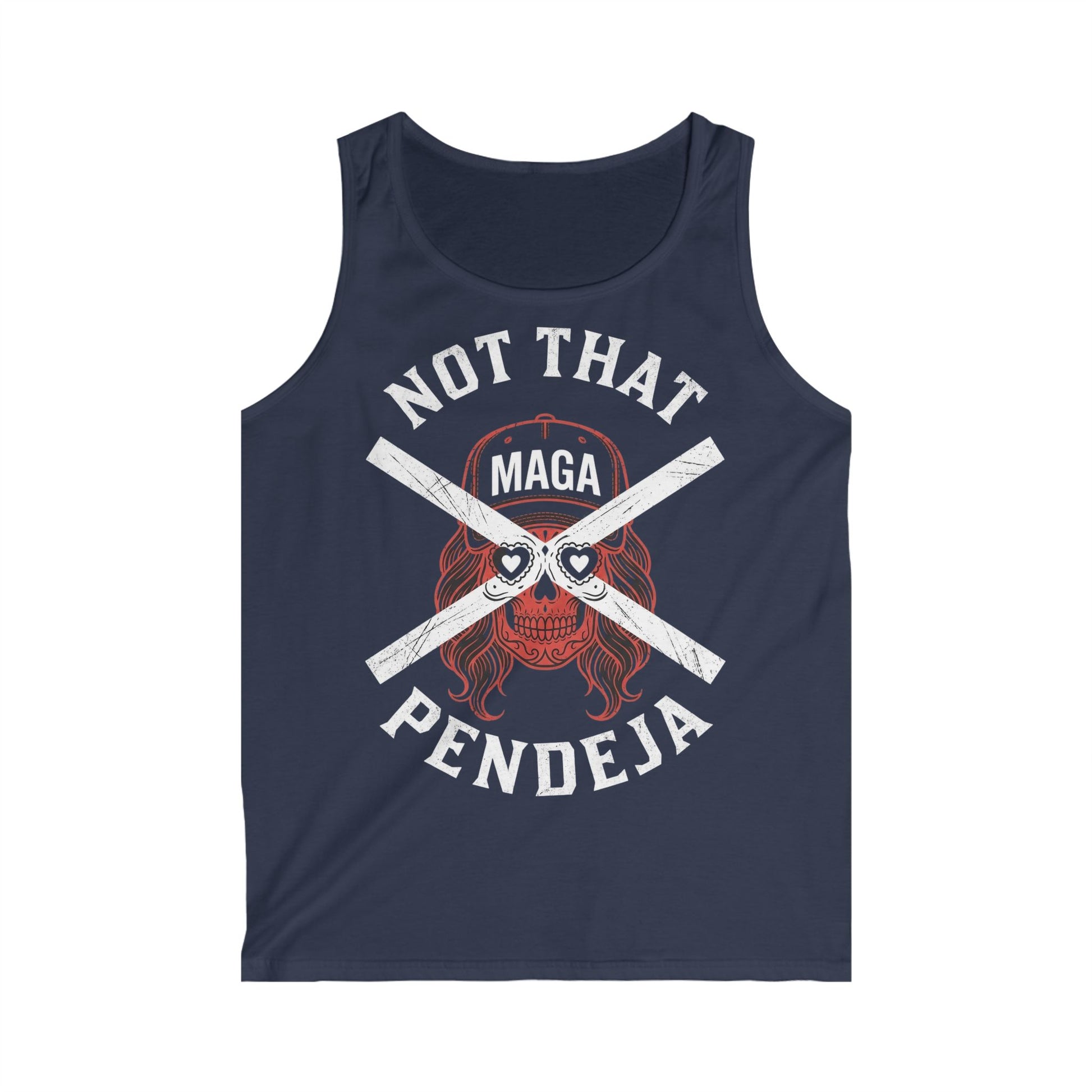 Navy tank top with skull graphic and "Not That MAGA Pendeja" text.
