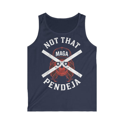 Navy tank top with skull graphic and "Not That MAGA Pendeja" text.