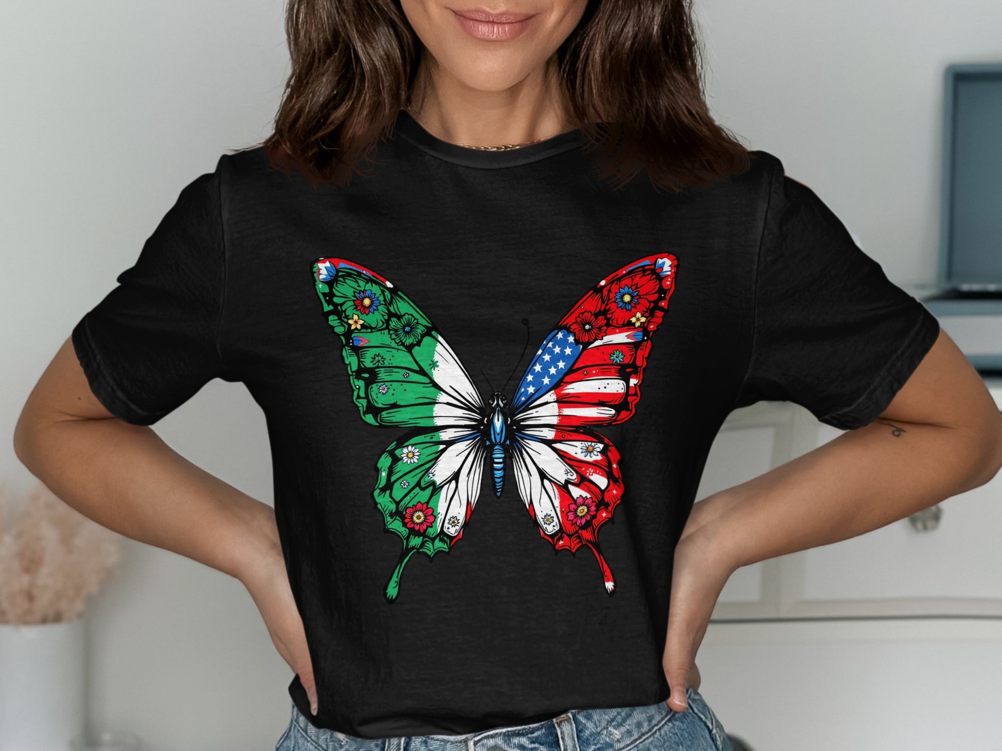 Mexican American Flag Butterfly Design T-shirt product