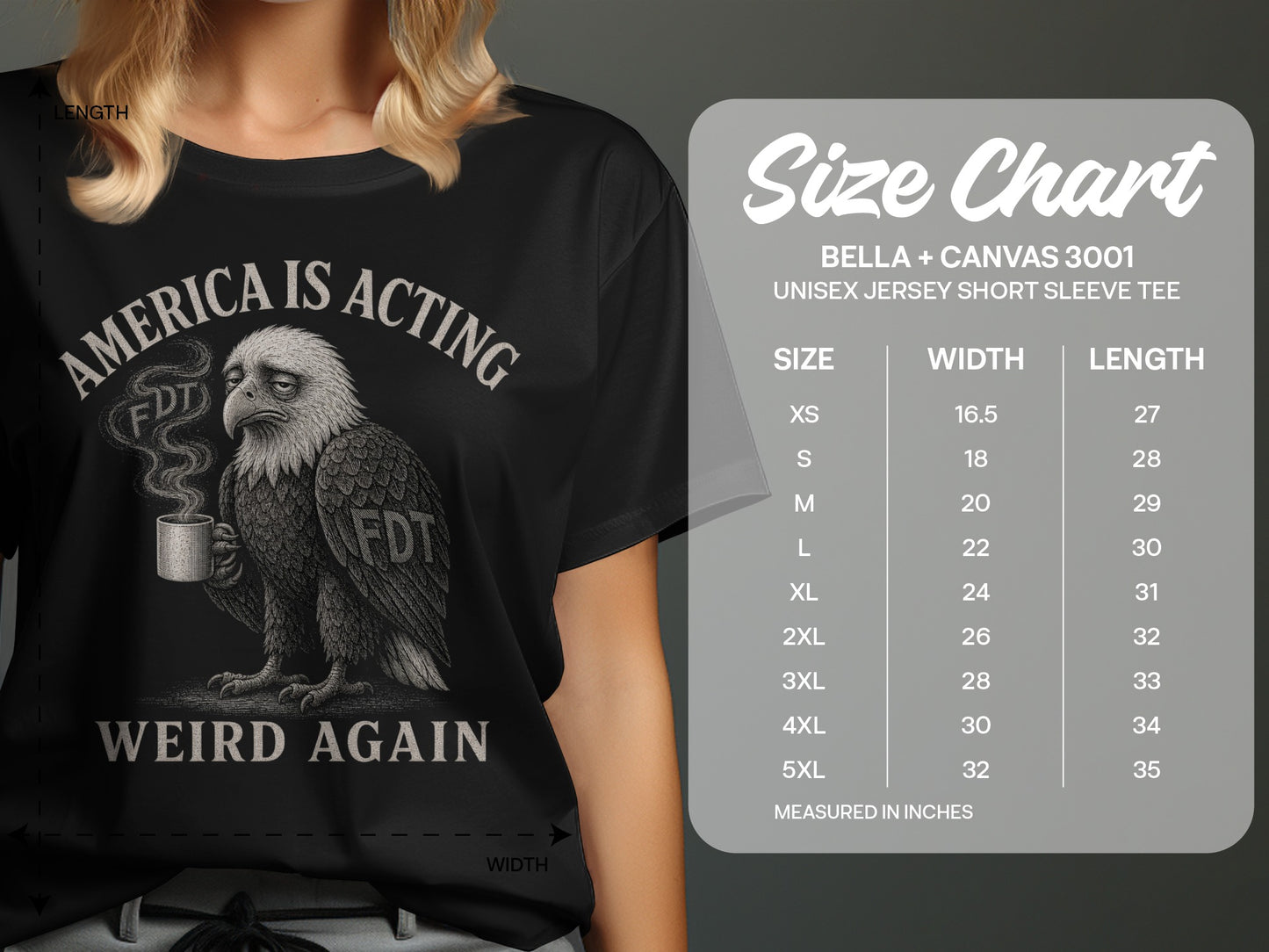 T-shirt with an eagle holding a coffee cup and text "America is Acting Weird Again".