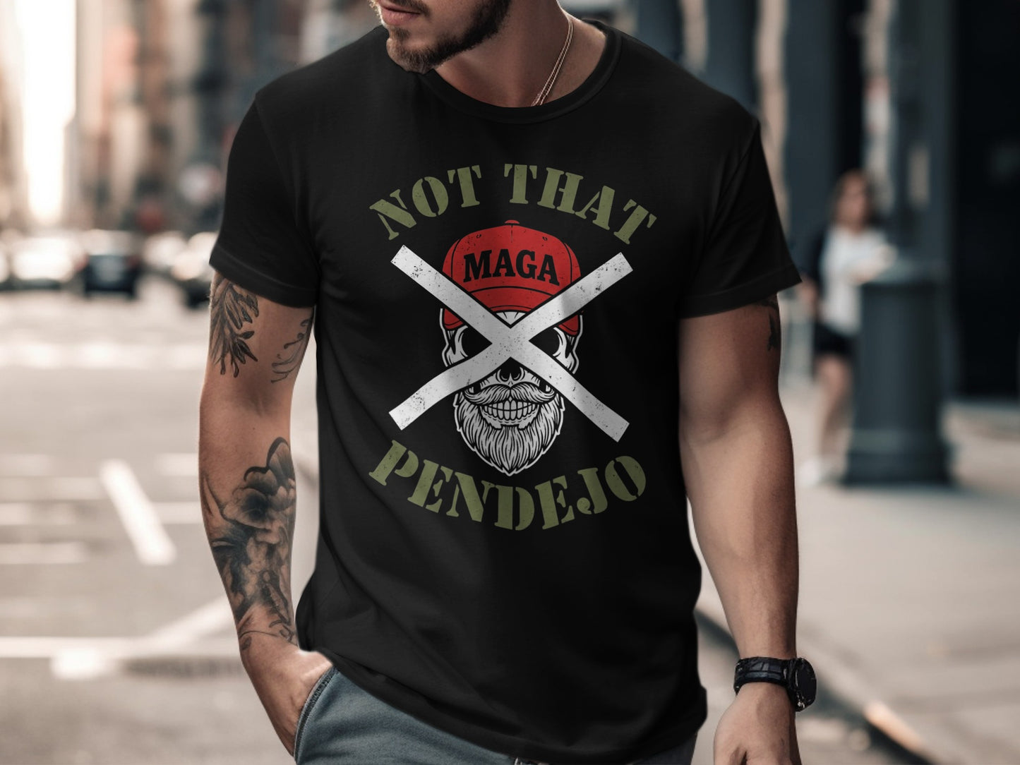 Black t-shirt with red "MAGA" hat over crossed bones and "NOT THAT PENDEJO" text.
