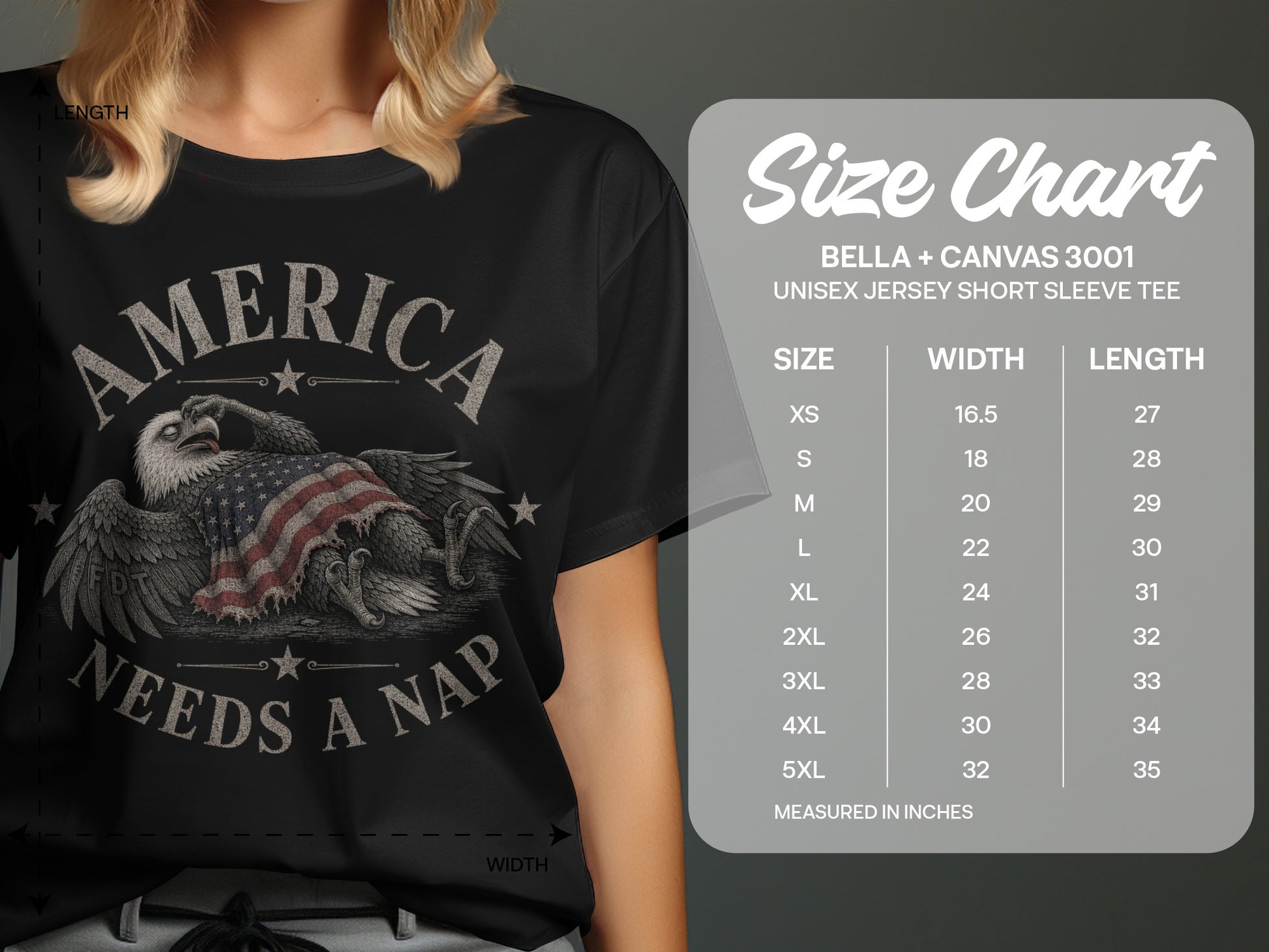 T-shirt with "America Needs a Nap" graphic and size chart.