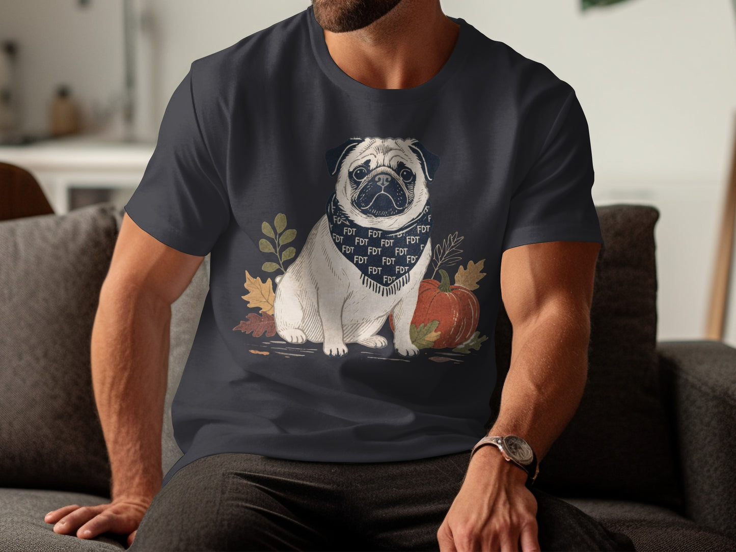Charming Pug Art Shirt with Autumn Theme Design