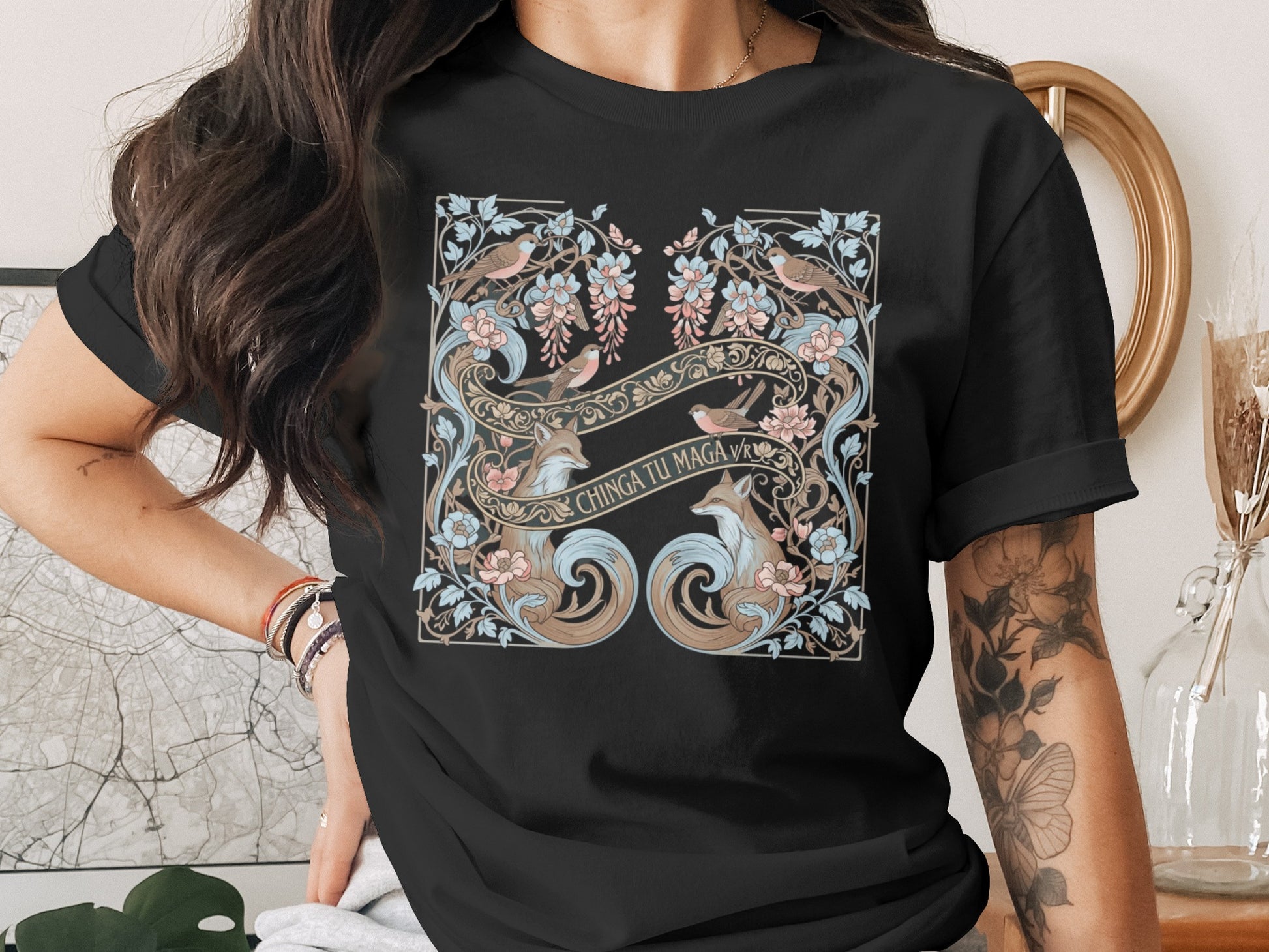 Colorful Floral Pattern with Waves Graphic T-shirt