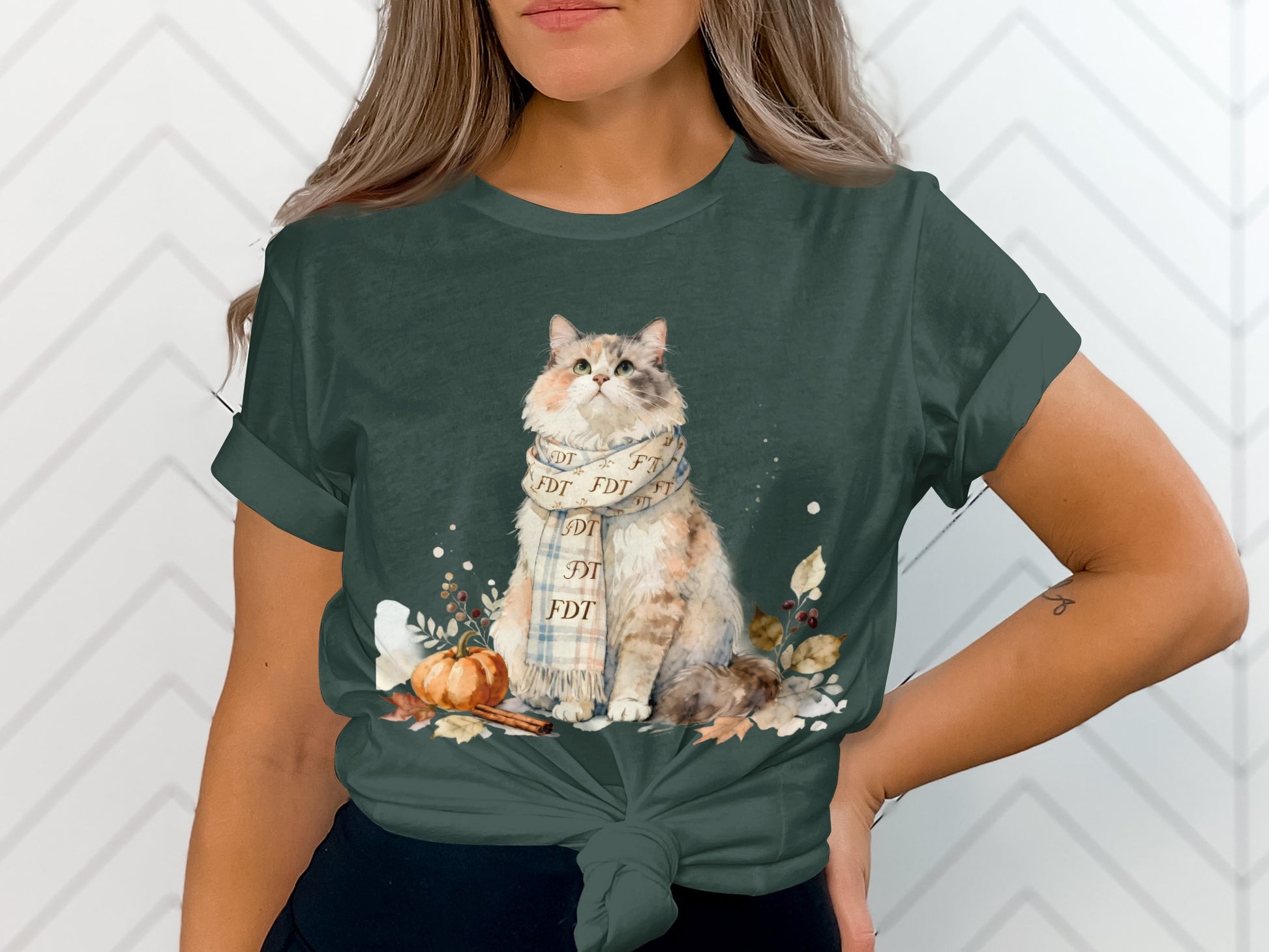 Cute Cat with Autumn Scarf Graphic T-shirt