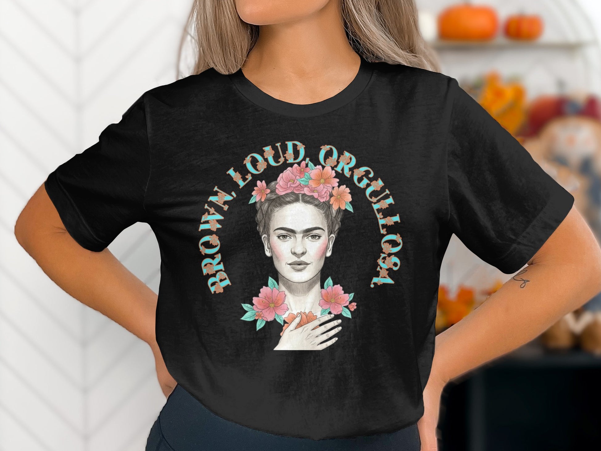Brown Loud Orgullosa floral and face shirt