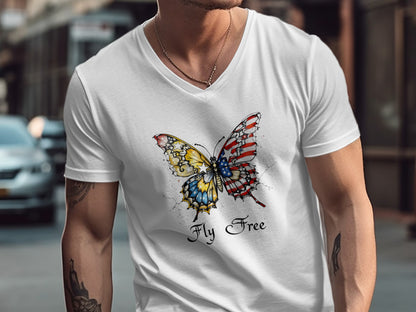 Fly Free Butterfly Graphic White V Neck T Shirt product type