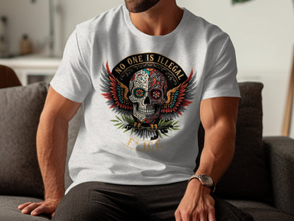 No One Is Illegal Colorful Skull Graphic Tee product