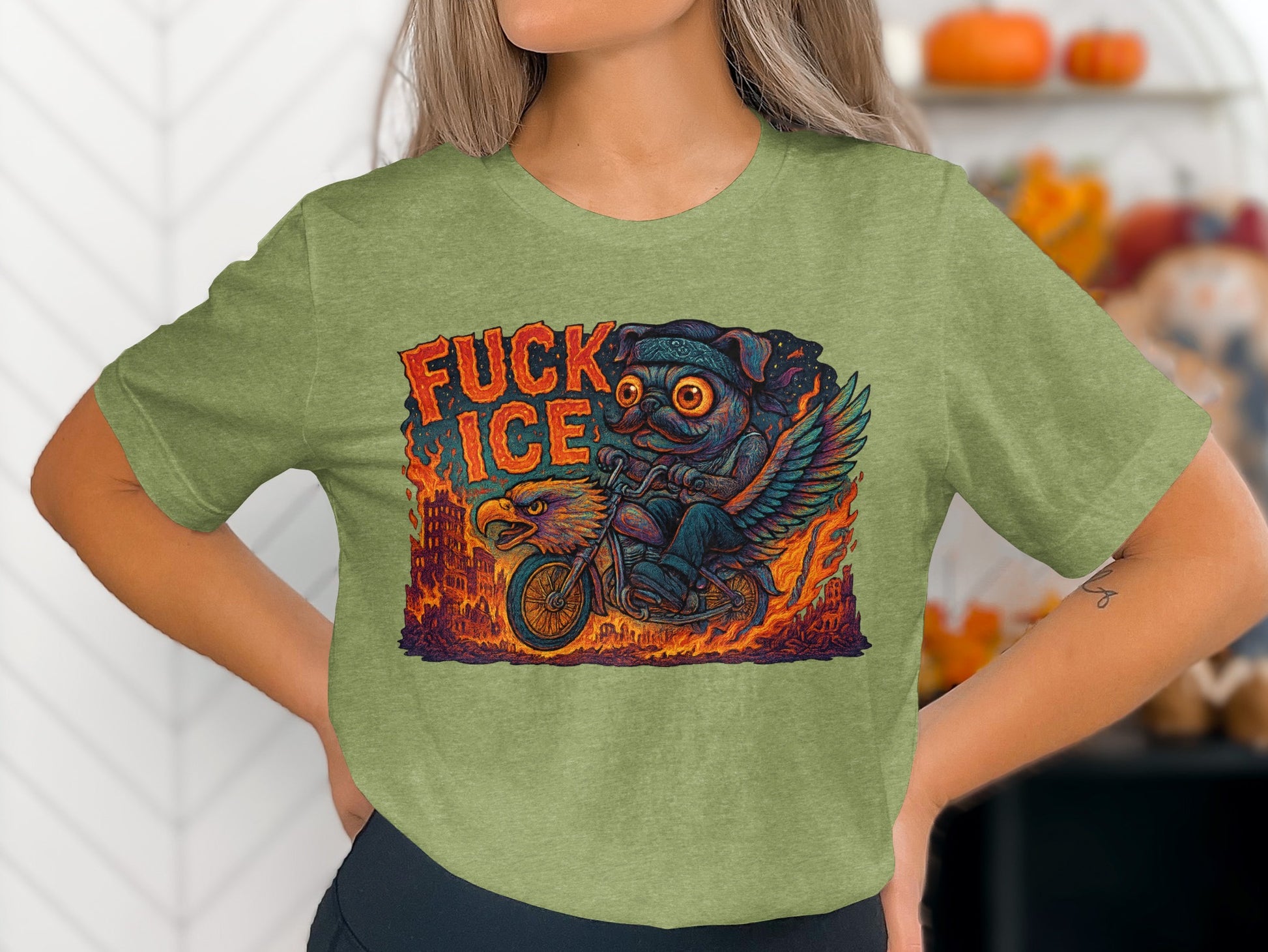 Edgy Pug on Flaming Bicycle Design T-Shirt product type