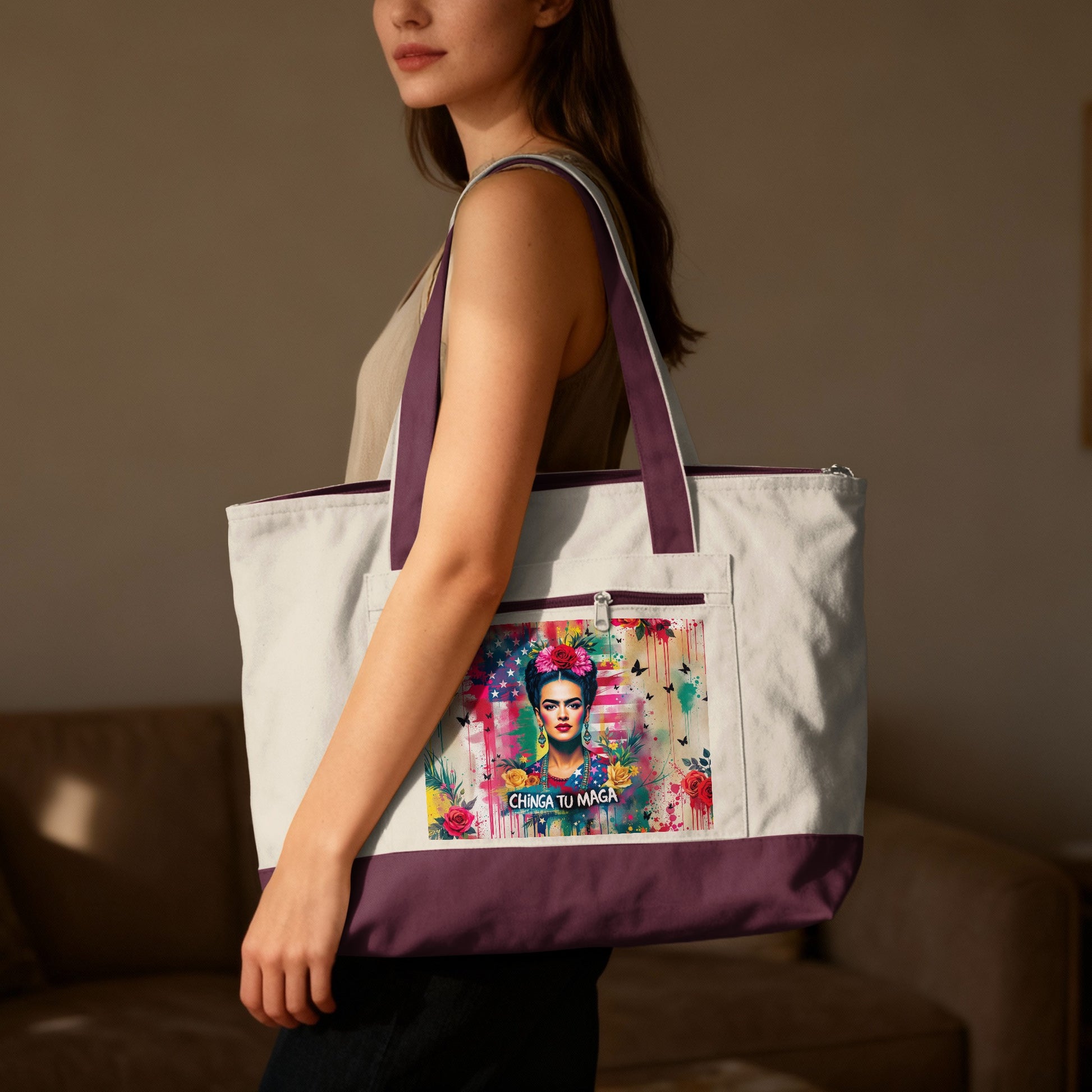 Tote bag featuring Frida Kahlo artwork with American flag and floral accents.