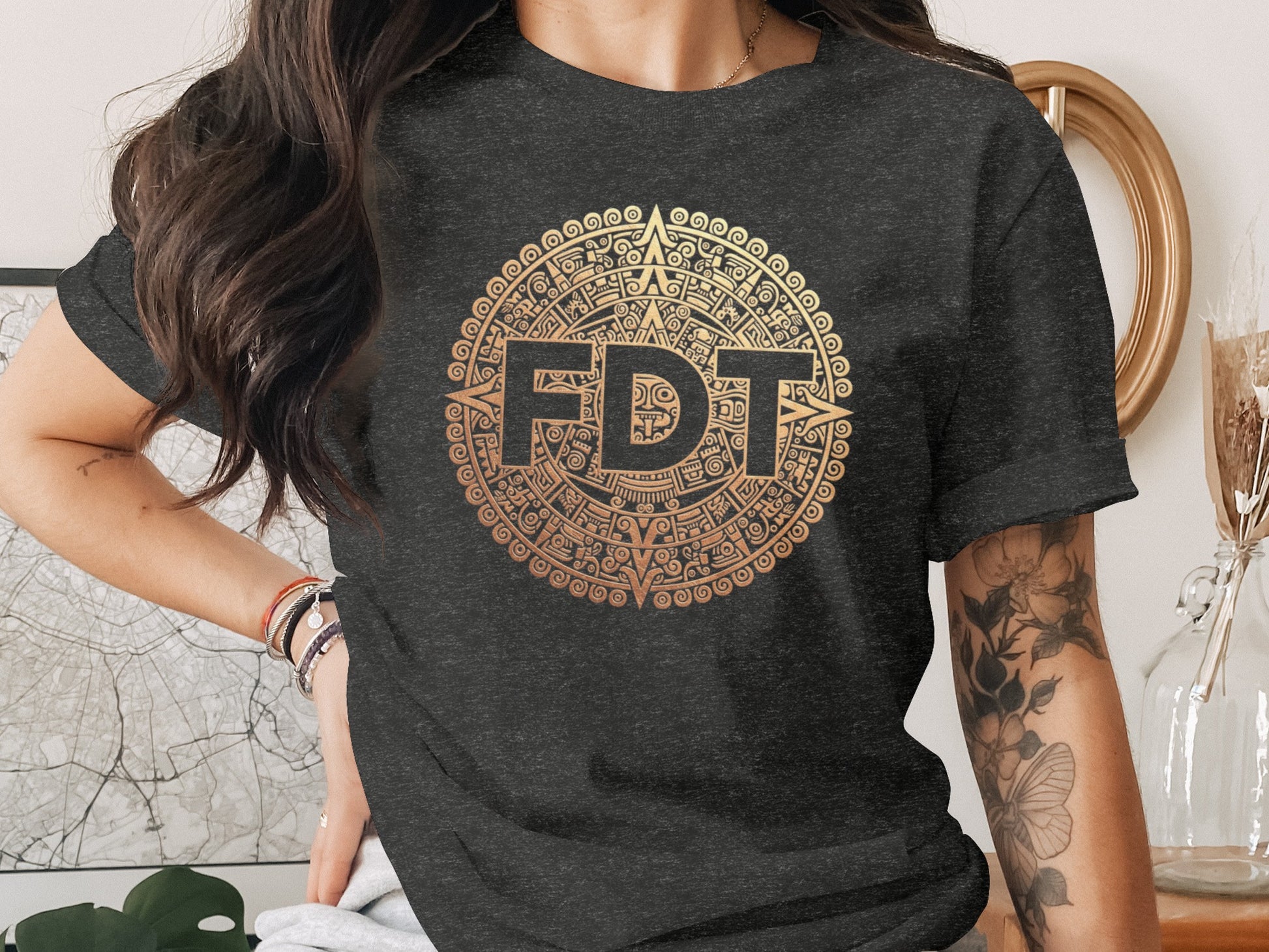 Aztec Inspired Gold Graphic Design Tee Shirt product