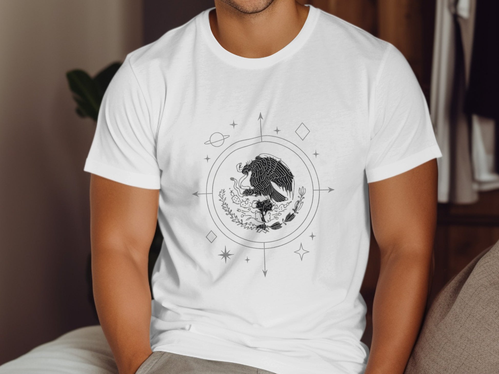 Astronaut Eagle Compass Print on White T-Shirt product type