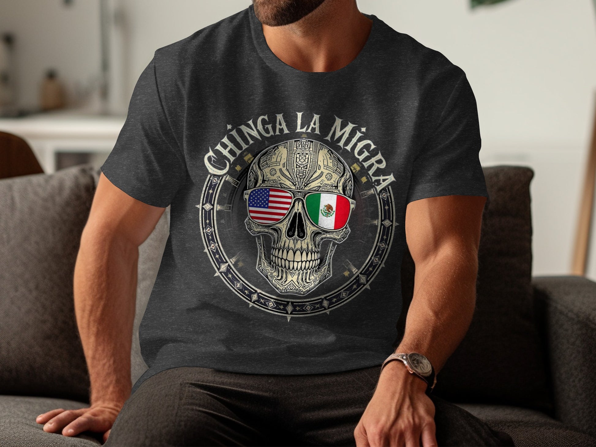 Chinga La Migra Skull Design Graphic T-shirt product