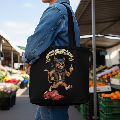 Tote bag with a punk cat wearing a bandana and giving the middle finger.