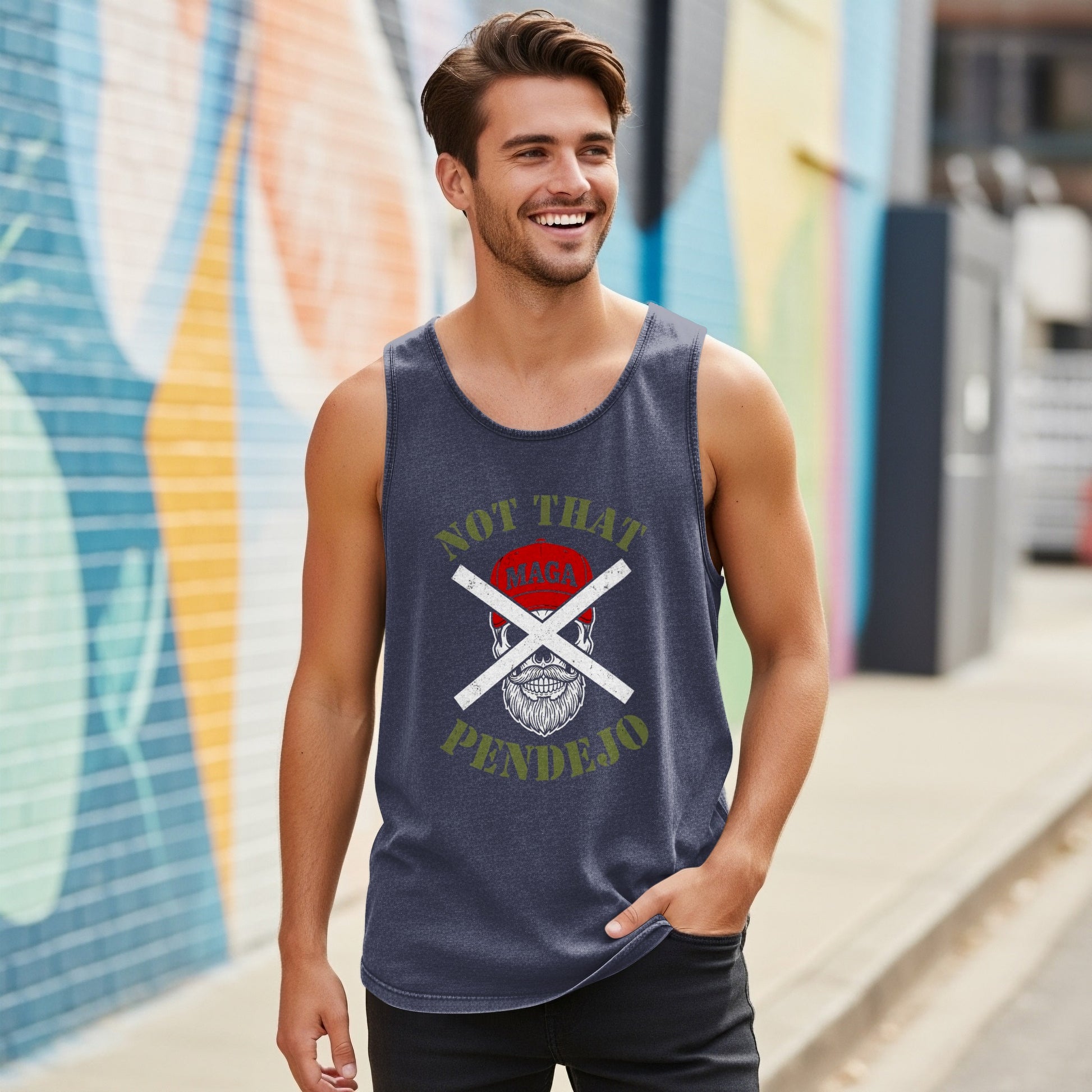 Man wearing a dark blue tank top with "Not That Pendejo" graphic.