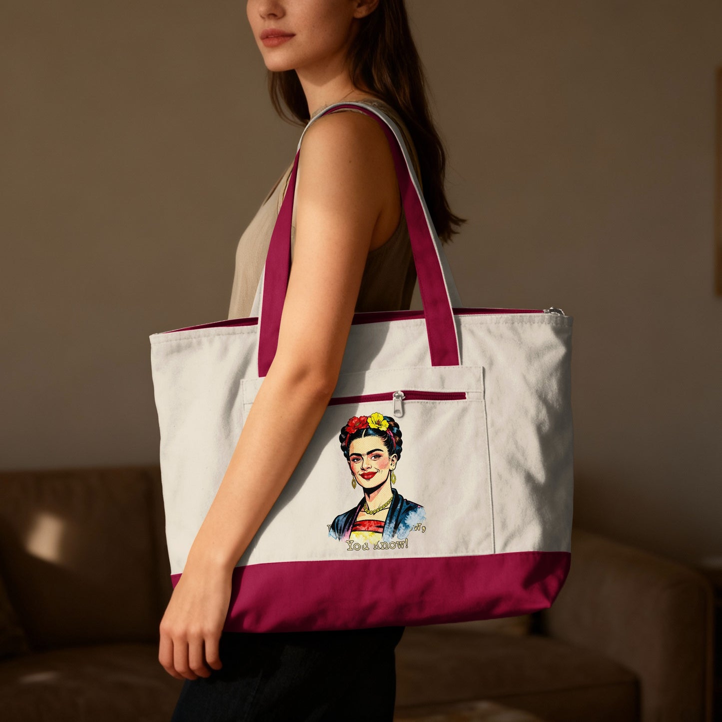 Tote bag with Frida Kahlo illustration and "Viva la Vida" text.