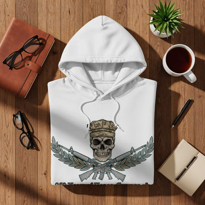 Military Skull Design White Hooded Sweatshirt