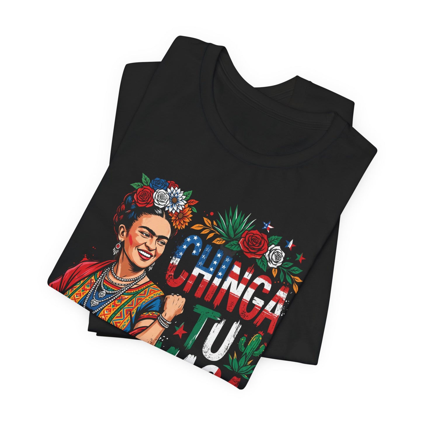 Black t-shirt with Frida Kahlo, flowers, and "Ching-a-tu" text.