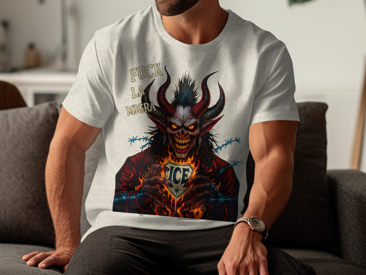 Demon with Horns and Flaming Eyes Graphic T Shirt Product