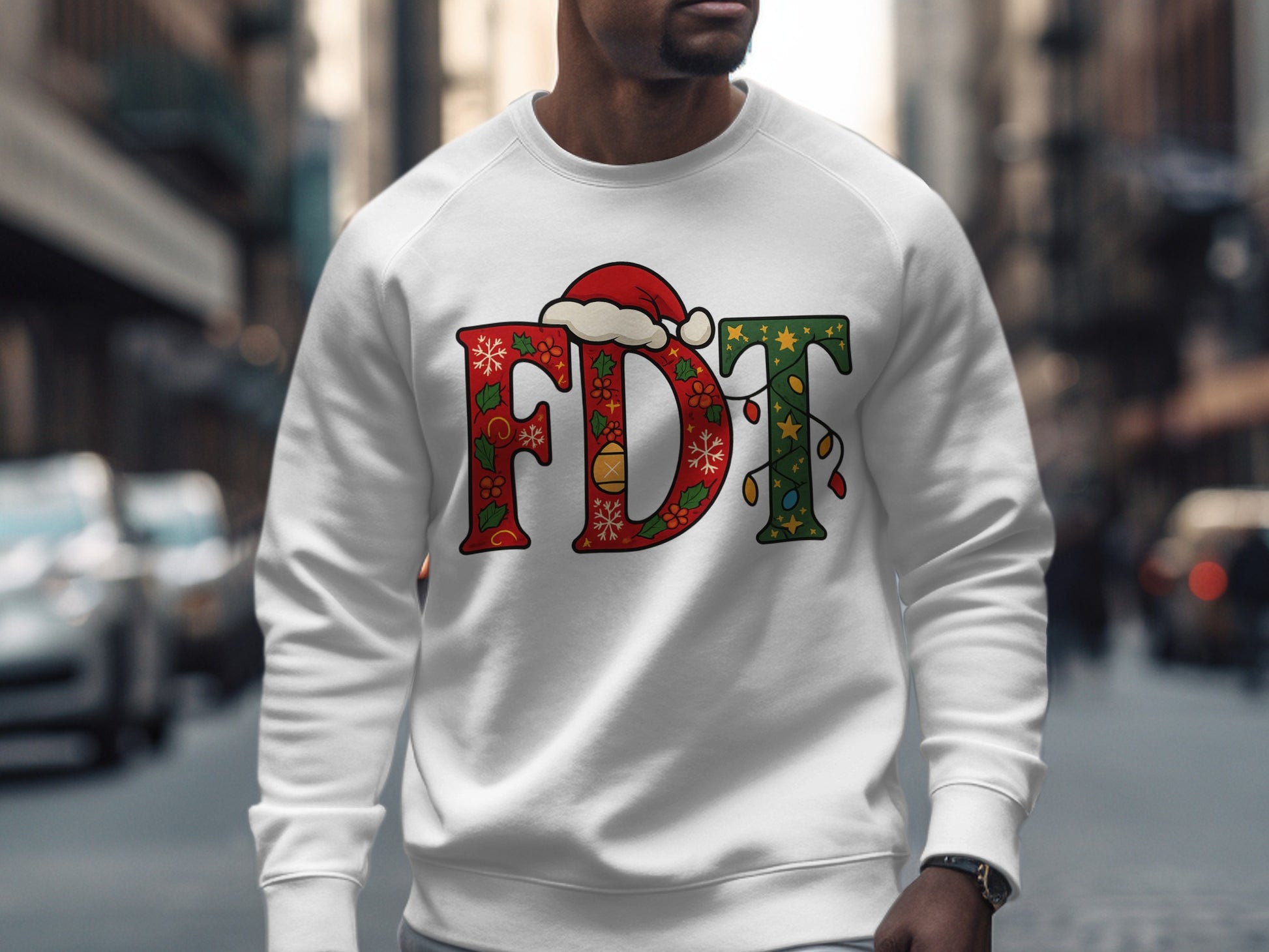 Festive FDT Christmas Sweater with Santa Hat Design