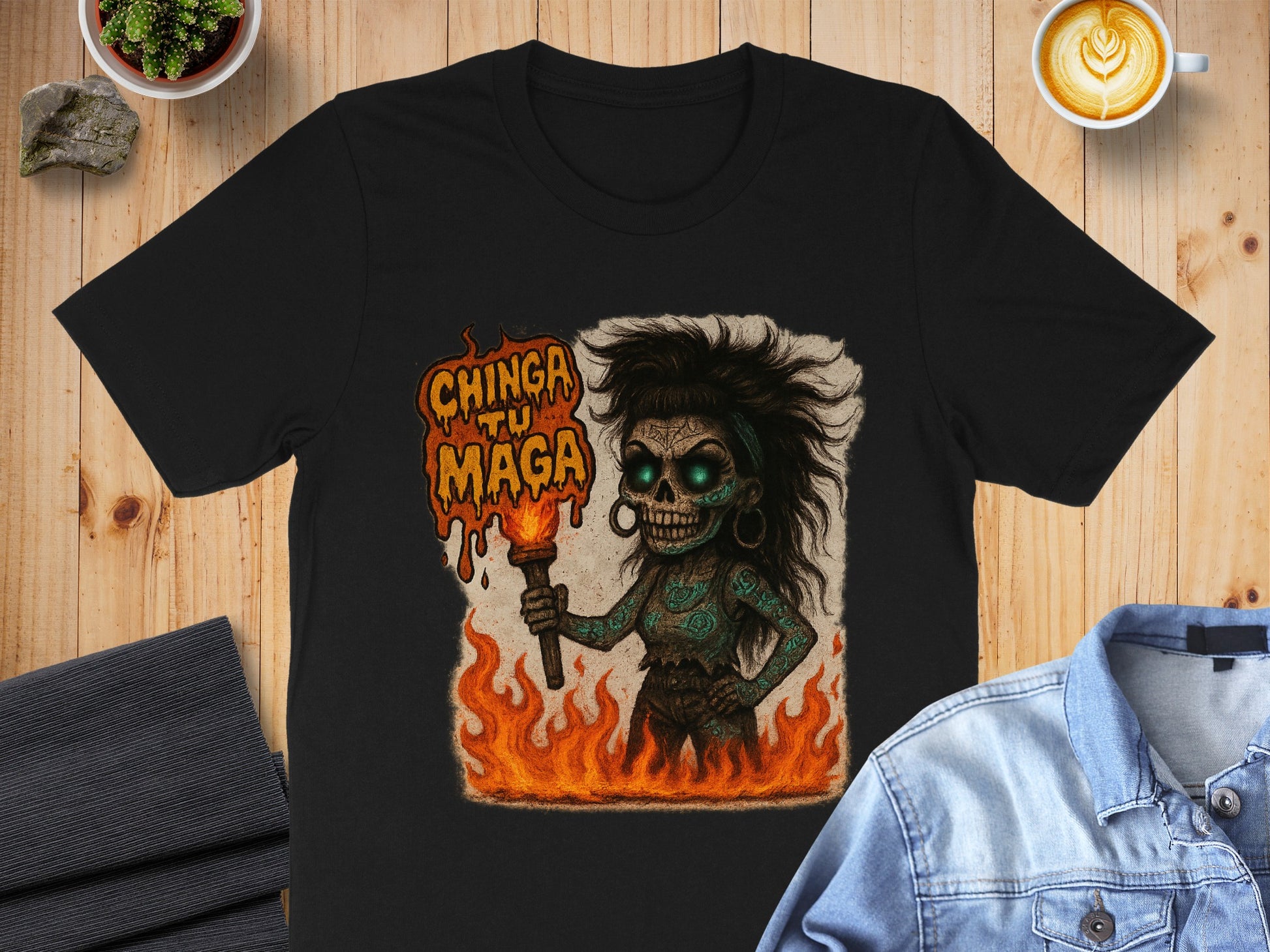 Chinga Tu Maga Skull Art with Flames T-Shirt product