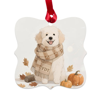 Adorable Puppy with Plaid Scarf and Pumpkins Ornament