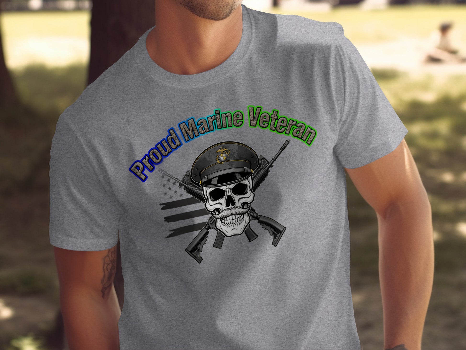 Proud Marine Veteran Skull Graphic Tee for Military Enthusiasts