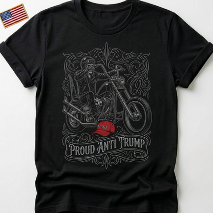 Black t-shirt with ornate design and rider on motorcycle, "MAGA" and "Proud Anti Trump" text.