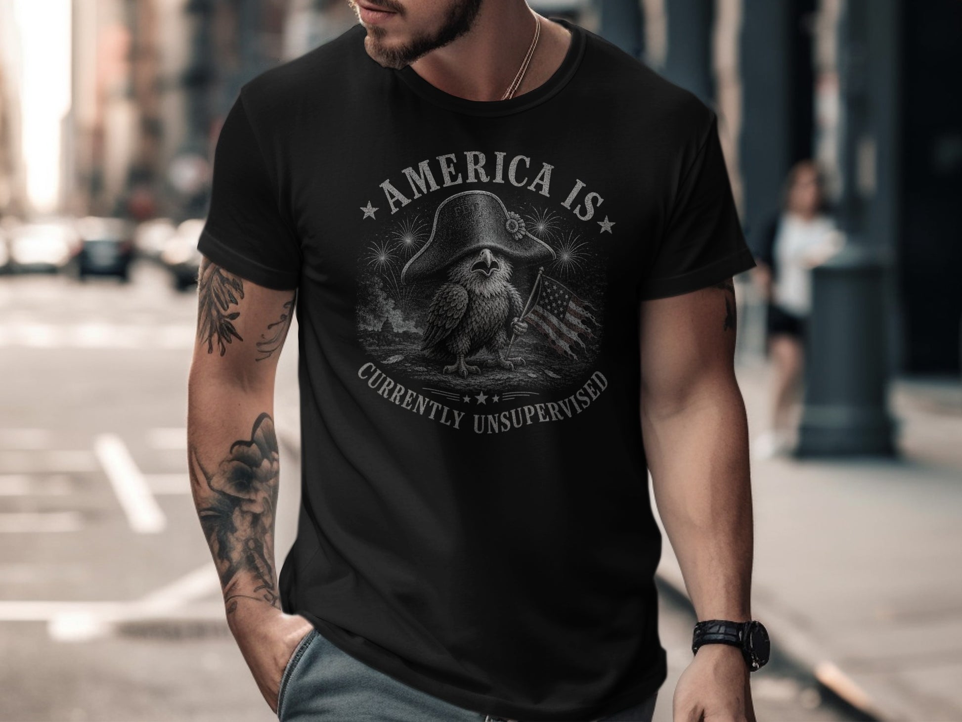 Black t-shirt with patriotic eagle and American flag graphic and text.