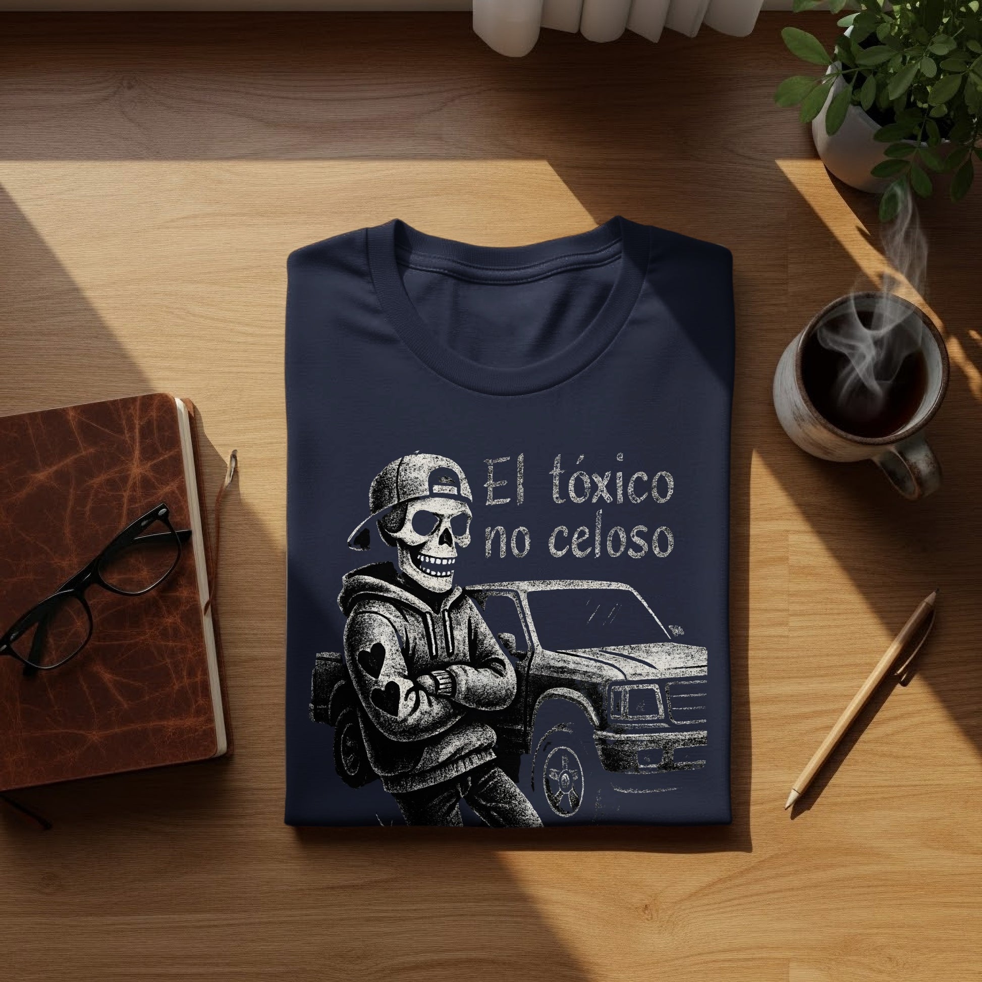 El tóxico no celoso skeleton and truck print shirt
