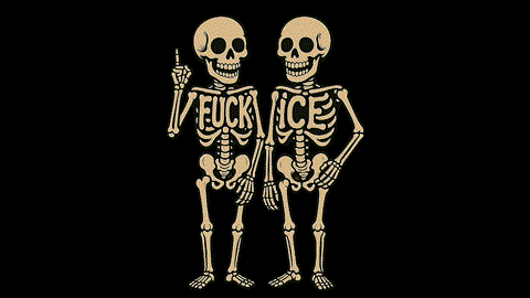Two skeletal figures with the text "FUCK ICE" written on them, standing against a black background.